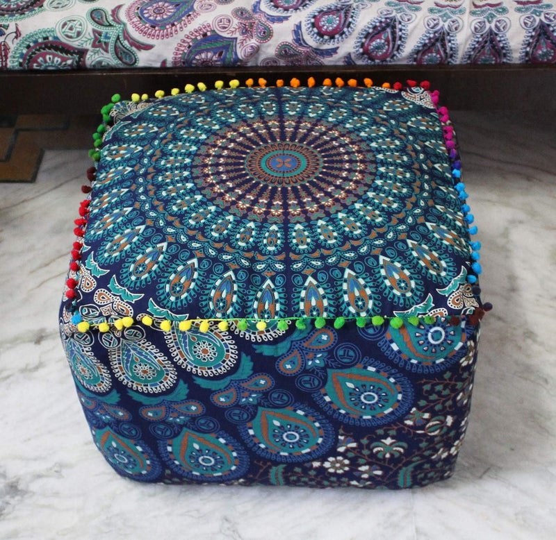 CRAFT KALA غطاء وسادة طاولة مربعة ذات تصميم هندي تقليدي من ، بحجم 16×16×14 بوصة، بلون الفيل الأزرق الغامق. - Image 1