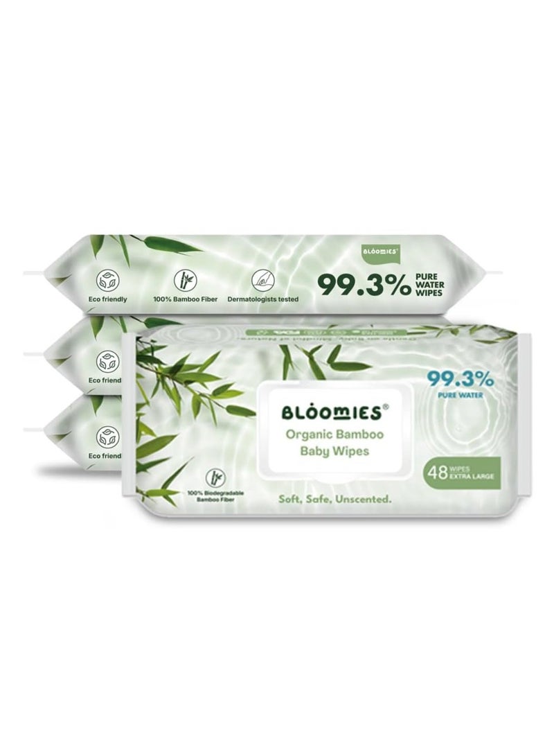 Bloomies Bamboo Baby Wipes Unscented, Extra Large, Hypoallergenic, 99% Water; Biodegradable, Eco Friendly, Gentle for Sensitive Skin, Baby Essentials; 4 Pack, 48 wipes each - Image 1