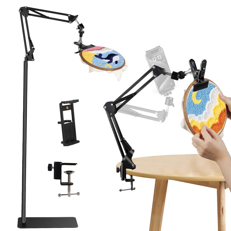 Cherocito Black Adjustable Embroidery Hoops Stand for Hand Work,3-in-1 Hoop/Tablet/Phone Holder Floor Stand,Embroidery Desktop Standï¼ŒLap Cross Stitch Frame with 360Â° Rotation,Hand Embroidery Stand - Image 1
