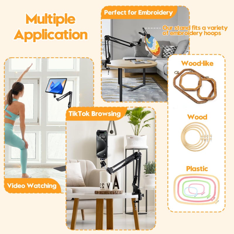 Cherocito Black Adjustable Embroidery Hoops Stand for Hand Work,3-in-1 Hoop/Tablet/Phone Holder Floor Stand,Embroidery Desktop Standï¼ŒLap Cross Stitch Frame with 360Â° Rotation,Hand Embroidery Stand - Image 5