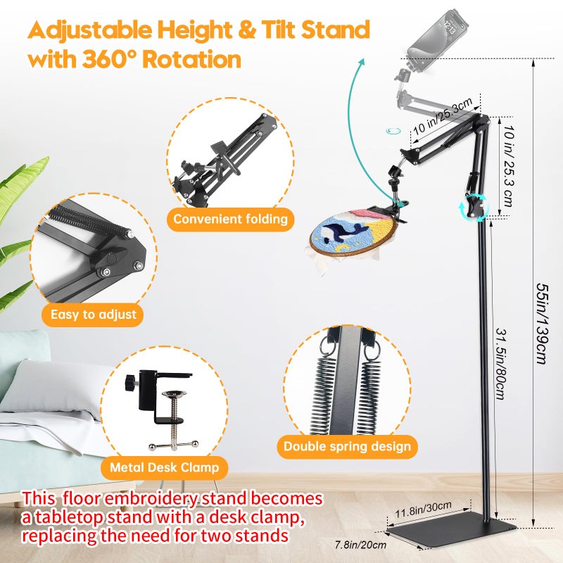 Cherocito Black Adjustable Embroidery Hoops Stand for Hand Work,3-in-1 Hoop/Tablet/Phone Holder Floor Stand,Embroidery Desktop Standï¼ŒLap Cross Stitch Frame with 360Â° Rotation,Hand Embroidery Stand - Image 2