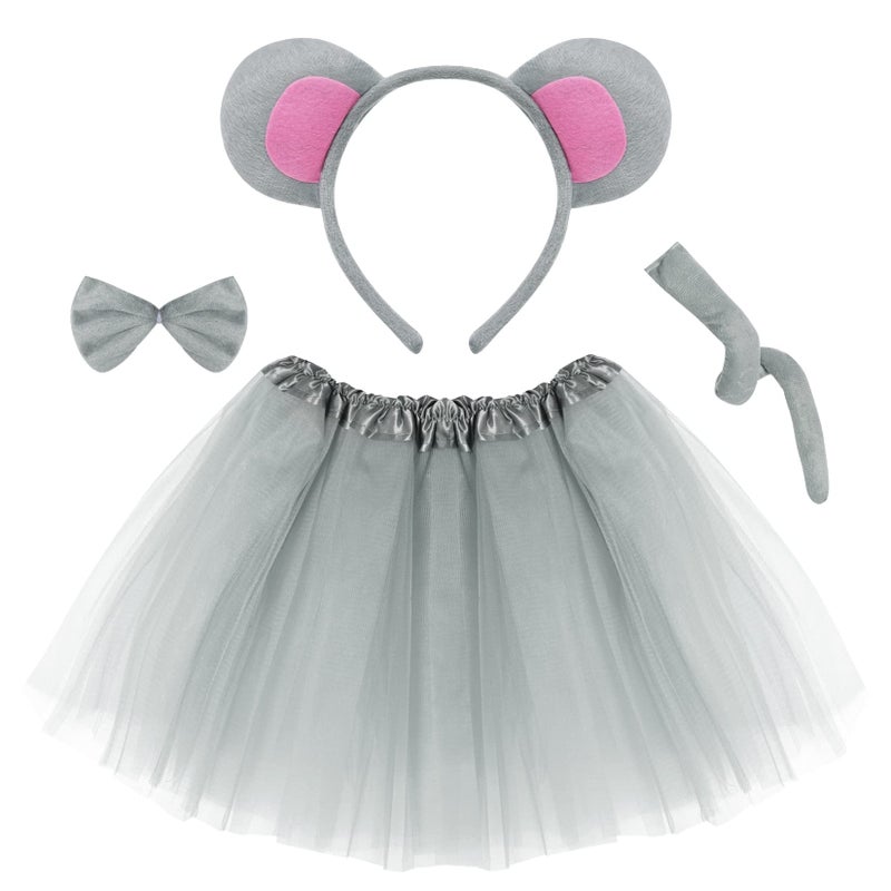 Jmkcoz Kids Gray Mouse Costume Tutu Set Mouse Ear Headband Bowtie Tail Bow Tie Animal Fancy Dress Costume Kit for Boys Girls Halloween Cosplay Party Decoration - Image 2