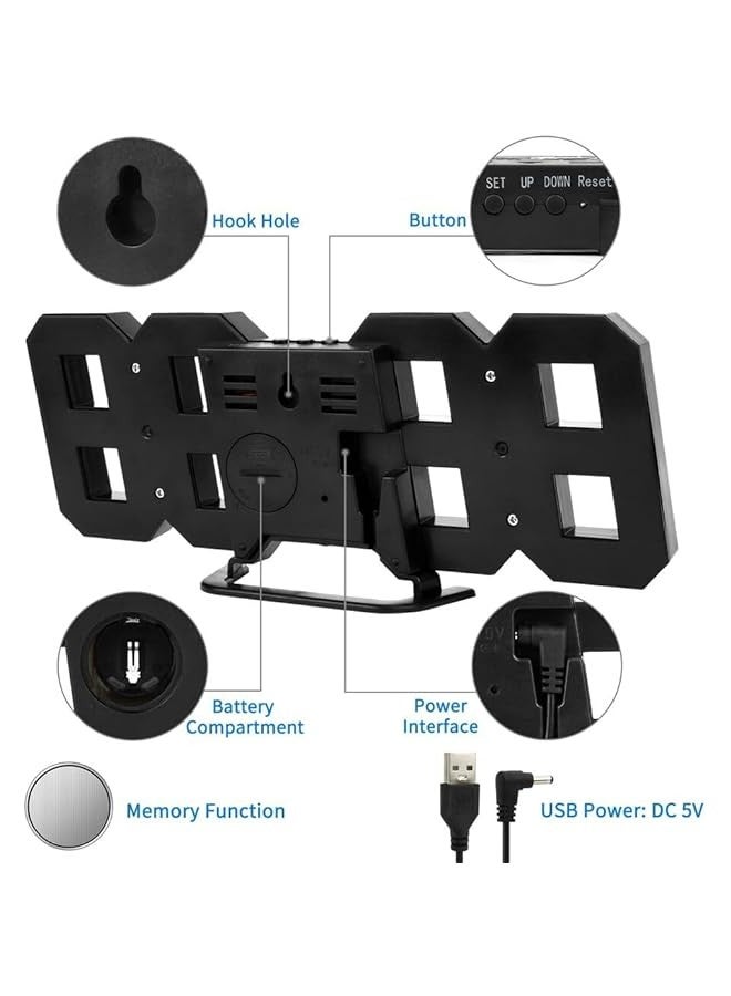 Beauenty 3D Digital Alarm Clock,Wall LED Number Time Clock with 3 Auto Adjust Brightness Levels，Modern Night Light LED Electronic Clock Date,Temperature Display (black) - Image 3