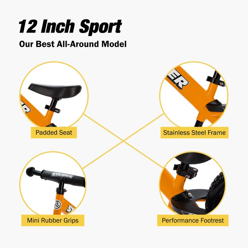 STRIDER دراجة سبيدير الرياضية 12 بوصة، برتقالية - دراجة توازن بدون دواسات للأطفال من 1 إلى 4 سنوات - تشمل وسادة أمان، مقعد مبطن، مقابض صغيرة وإطارات خالية من الهواء - تجميع وتعديلات بدون أدوات - Image 3