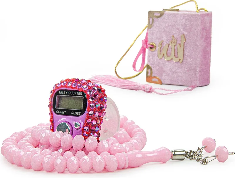 ايهفان اونلاين Ihvan Online Stone Zikirmatik Mini Quran and Crystal Stone Prayer Beads Hajj Umrah Gift Set Pink Color