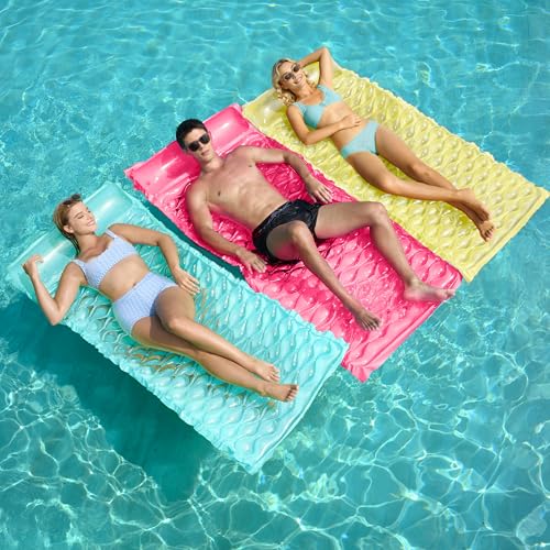 Sloosh Inflatable Pool Floats RaftFloating Lounge for Adults64x32 inch Swimming Mat Pool Mattress with Headrest3 Pack Float Air Mat for Summer Water Beach FunBluePinkYellow - Image 1