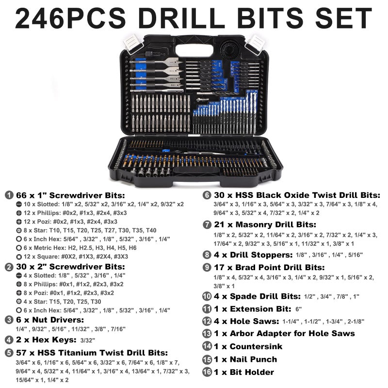 COMOWARE Drill Bit Set, 246 Pcs for Cordless Drill, Drill Driver Bit Set for Wood, Metal, Masonry, Cement and Screwdriver Bits Set Combo Kit - Image 2