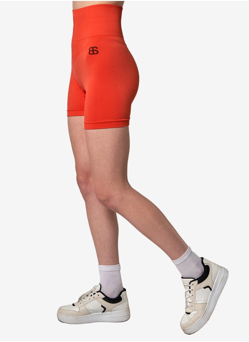 Bernessi Workout High Waisted Biker Shorts for Women Ladies Legging Shorts Athletic Running Yoga Gym Volleyball with Tummy Control Textured Red Tangerine  - Image 3