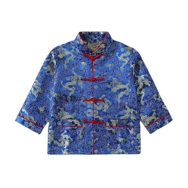 Boy Tang Suit Dragon Long Sleeve Shirt Chinese New Year outfit Chinese Traditional Clothes for Kids Blue89 Years