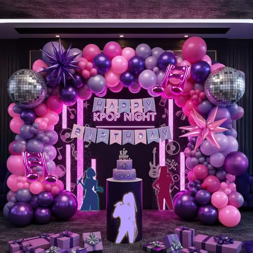 froufing KPop Music themed Birthday Decorations with Hot Pink Metallic Purple Balloon Garland Arch Kit Disco Notes Star foil Balloons Banner for Girls fans Birthday Party grad Prom Decorations - Image 1