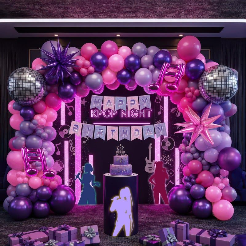 froufing KPop Music themed Birthday Decorations with Hot Pink Metallic Purple Balloon Garland Arch Kit Disco Notes Star foil Balloons Banner for Girls fans Birthday Party grad Prom Decorations - Image 2