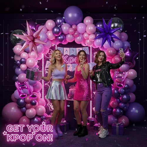 froufing KPop Music themed Birthday Decorations with Hot Pink Metallic Purple Balloon Garland Arch Kit Disco Notes Star foil Balloons Banner for Girls fans Birthday Party grad Prom Decorations - Image 3