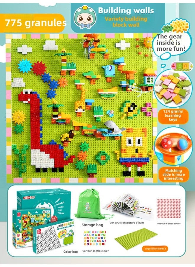 Large Particle Building Blocks Wall-Hanging Puzzle Household Wall-Mounted Assembled Toys For Boys And Girls Children-Color:775 Large Particle Building Block Wall Set (green) A Square - Image 1
