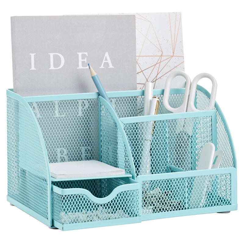 Annova Mesh Desk Organizer Office with 7 Compartments DrawerDesk Tidy CandyPen HolderMultifunctional Organizer Turquoise
