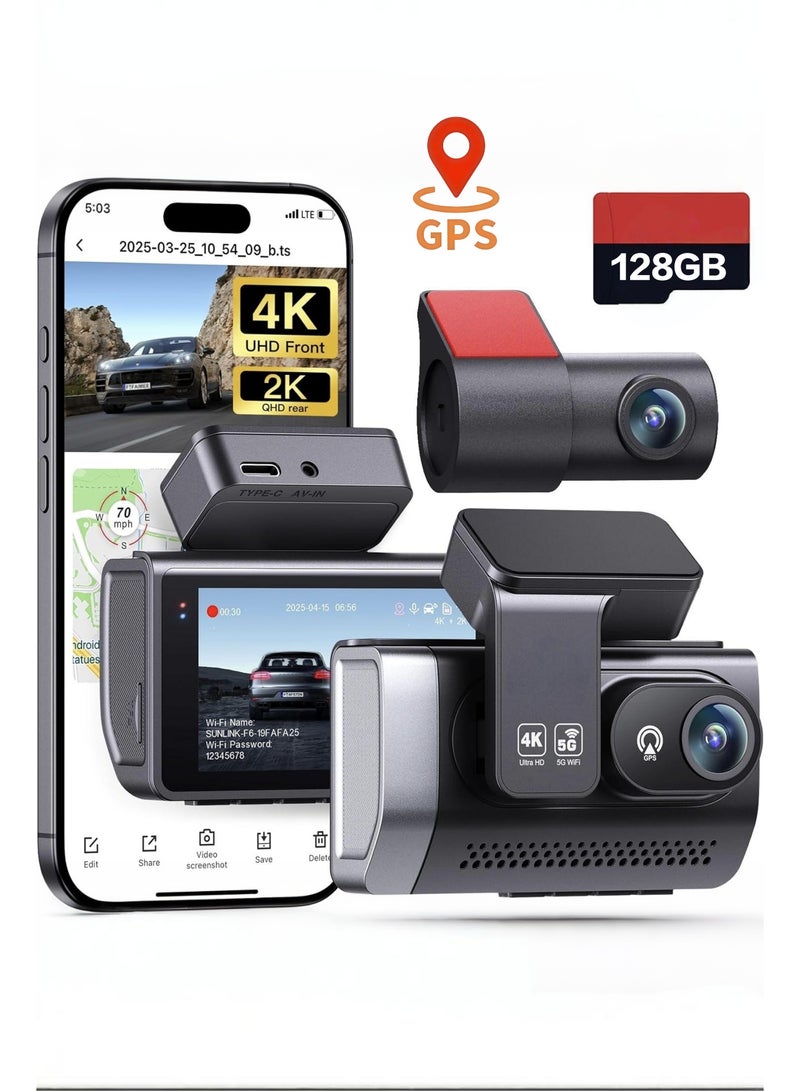4K Dash Cam Front and Rear with GPS, Upgraded 5.8G WiFi, Dual Dash Camera for Cars, Night Vision, WDR, 170°Wide Angle, 24H Parking Monitor, Emergency Lock, 3" IPS Screen (128GB Card Included) - Image 1