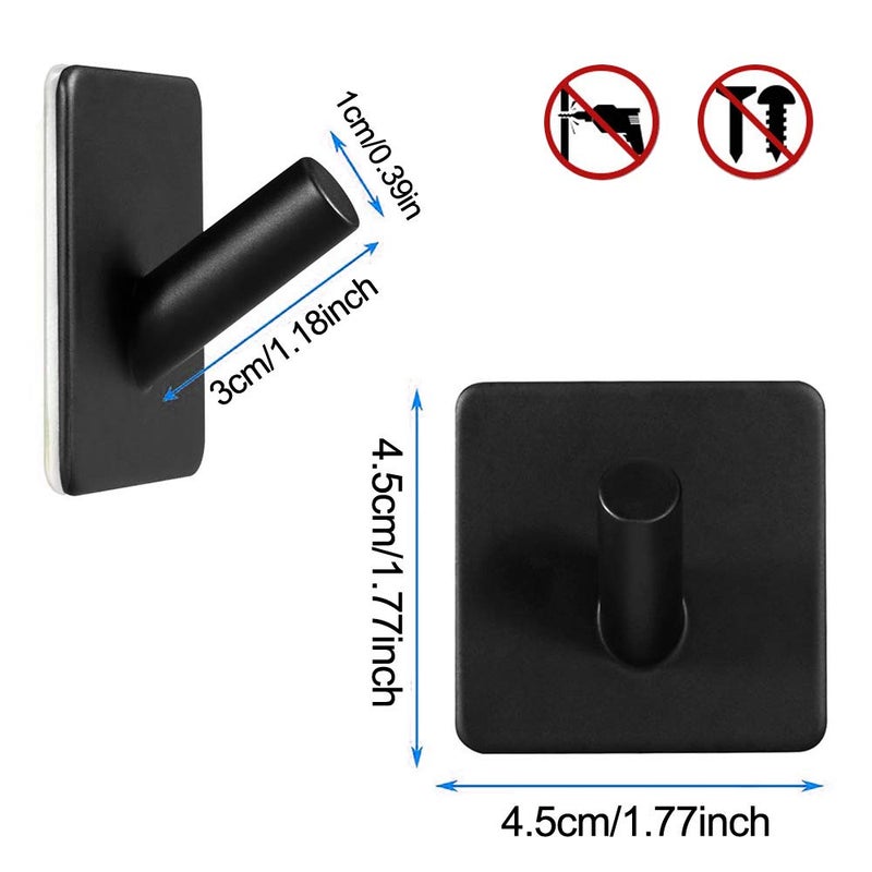 ShineMe Adhesive Wall Hooks, 4 Pack Waterproof Towel Hooks for Bathrooms and Kitchen, Stainless Steel Heavy Duty Wall Hooks for Hanging Towels Coats Keys Hats Robes - Black - Image 2
