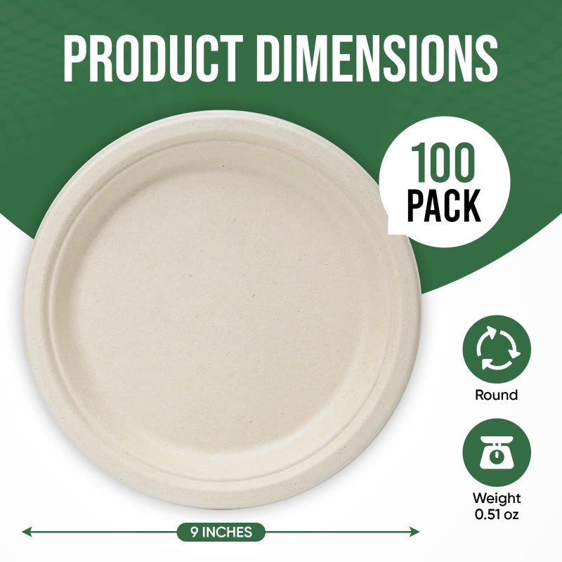 TaidMiao 9 Inch Compostable Paper Plates (100 Pack) - Eco-Friendly Disposable Dinnerware for Parties, Microwavable & Water/Oil Resistant - 100% Biodegradable Heavy Duty Brown Plates for Events, Picnics - Image 2