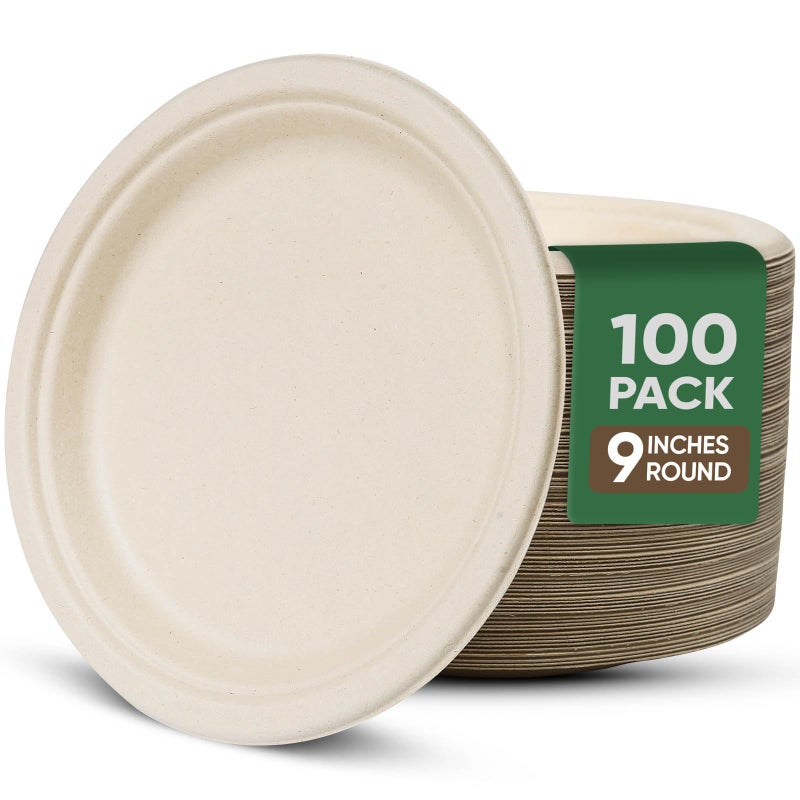 TaidMiao 9 Inch Compostable Paper Plates (100 Pack) - Eco-Friendly Disposable Dinnerware for Parties, Microwavable & Water/Oil Resistant - 100% Biodegradable Heavy Duty Brown Plates for Events, Picnics - Image 1