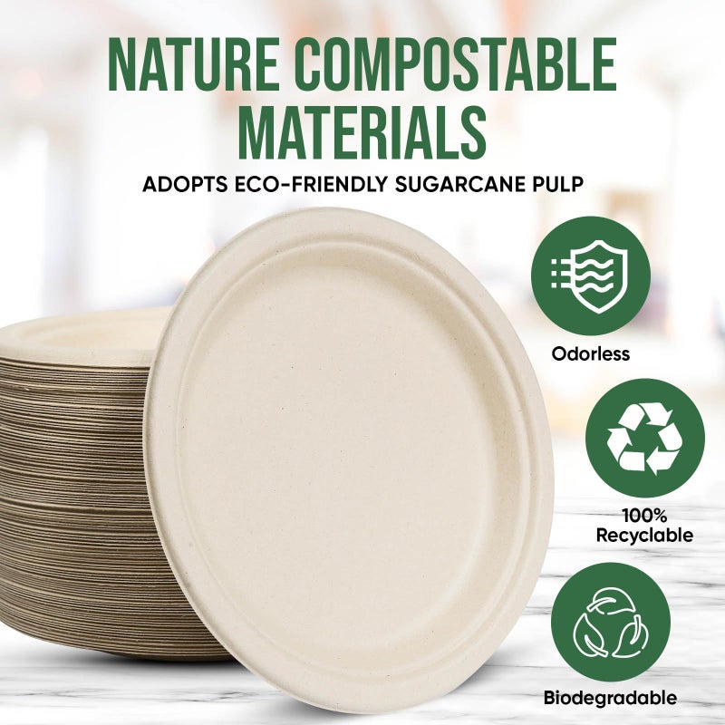 TaidMiao 9 Inch Compostable Paper Plates (100 Pack) - Eco-Friendly Disposable Dinnerware for Parties, Microwavable & Water/Oil Resistant - 100% Biodegradable Heavy Duty Brown Plates for Events, Picnics - Image 5