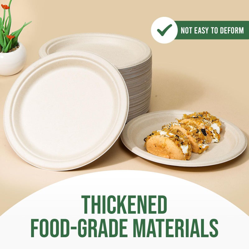 TaidMiao 9 Inch Compostable Paper Plates (100 Pack) - Eco-Friendly Disposable Dinnerware for Parties, Microwavable & Water/Oil Resistant - 100% Biodegradable Heavy Duty Brown Plates for Events, Picnics - Image 3