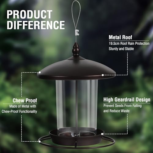 Youvip Metal Bird Feeder for Outdoors Hanging,3.0LB Seed Feeder,Easy to Fill & Clean,360° Feeding,Weatherproof Roof for Gardens and Wild Birds,Brown - Image 2