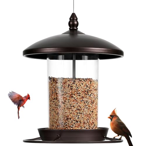 Youvip Metal Bird Feeder for Outdoors Hanging,3.0LB Seed Feeder,Easy to Fill & Clean,360° Feeding,Weatherproof Roof for Gardens and Wild Birds,Brown - Image 1