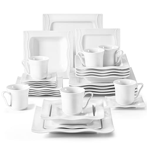 MALACASA 30 Pieces Dinnerware Sets, Modern Ivory White Plates and Bowls Sets for 6, Porcelain Dish Set with Dinner Plate, Dessert Plate, Soup Plate, Cup and Saucer, Square Dishware Set, Series Mario - Image 1