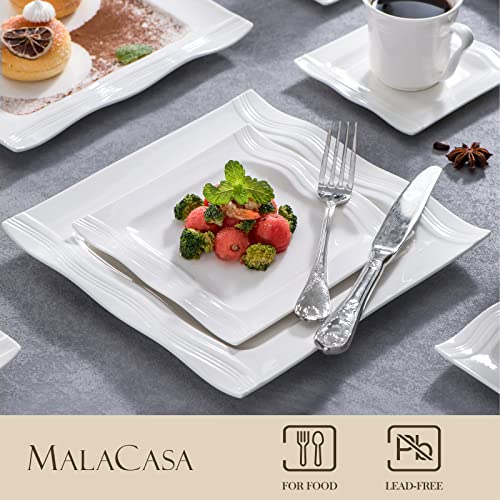MALACASA 30 Pieces Dinnerware Sets, Modern Ivory White Plates and Bowls Sets for 6, Porcelain Dish Set with Dinner Plate, Dessert Plate, Soup Plate, Cup and Saucer, Square Dishware Set, Series Mario - Image 3