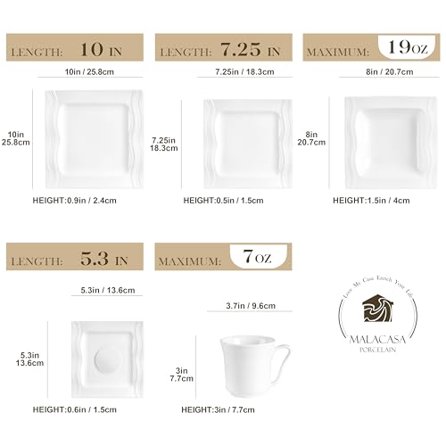 MALACASA 30 Pieces Dinnerware Sets, Modern Ivory White Plates and Bowls Sets for 6, Porcelain Dish Set with Dinner Plate, Dessert Plate, Soup Plate, Cup and Saucer, Square Dishware Set, Series Mario - Image 2