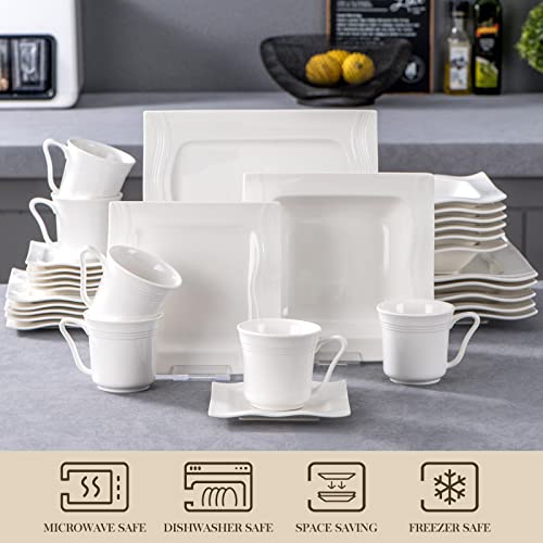 MALACASA 30 Pieces Dinnerware Sets, Modern Ivory White Plates and Bowls Sets for 6, Porcelain Dish Set with Dinner Plate, Dessert Plate, Soup Plate, Cup and Saucer, Square Dishware Set, Series Mario - Image 4
