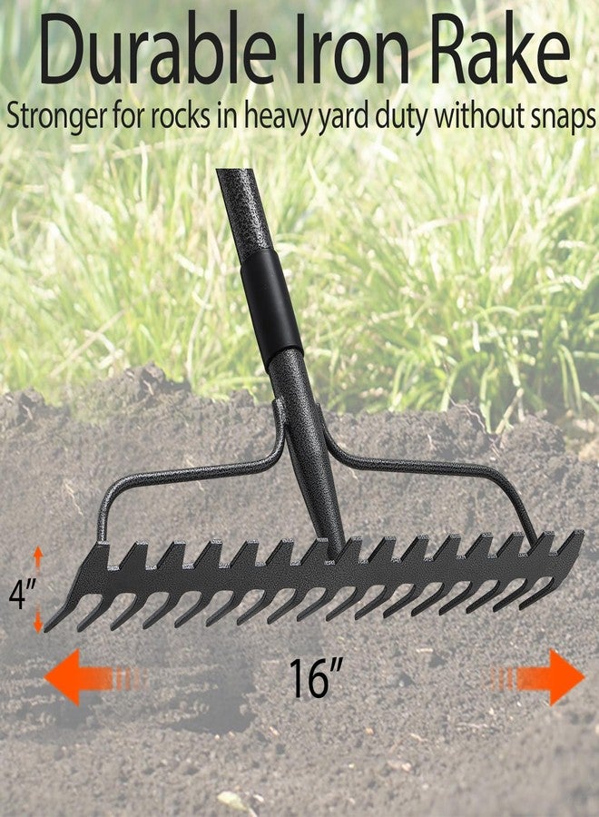LLARGUEST Thatch Rakes for Lawns, Heavy Duty Metal Garden Rake with 17 Prongs, Adjustable Yard Rock Rake for Gardening Loosening Soil, Long Handle 60 Inches - Image 2