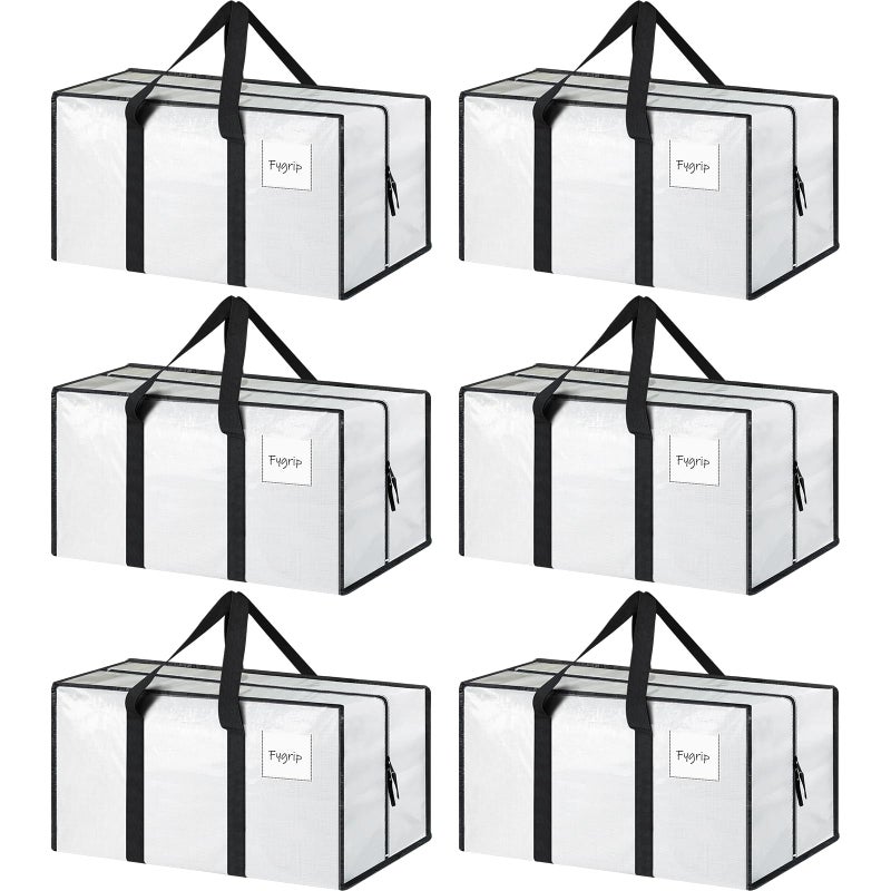 6 Pack Extra Heavy Duty Large Moving Bags with Strong Zipper  Comfortable Handles Sturdy  Durable Clothes Storage Bags Totes Bins Packing Moving Boxes for College Supplies White