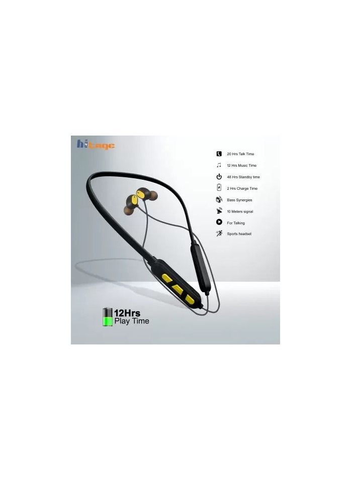 hitage - Hitage NBT-7676 platinum series 12 hours music time wireless neckband bluetooth headset (yellow black, In the Ear) - Image 1