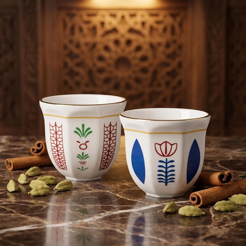CozyNook Arabic Coffee Cups Set of 2, Ceramic Finjan Cups for Gahwa & Turkish Tea, Small Espresso Coffee Cup Set 100mL - Image 1