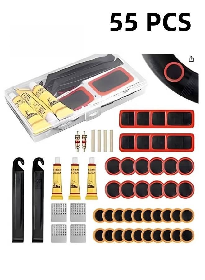 Puncture Bike Tire Repair Kit, 40 pcs Tire Patches and 4pcs Metal Rasps, 3 Tyre sealant，2 Valve，2 Crowbar，4 Rubber tube，Bicycle Tire Repair Kit, Practical Bike Tire Patch Kit Road Bike Tire Patch Tool Easy & Quick Repair for Bicycles(55pcs) - Image 1