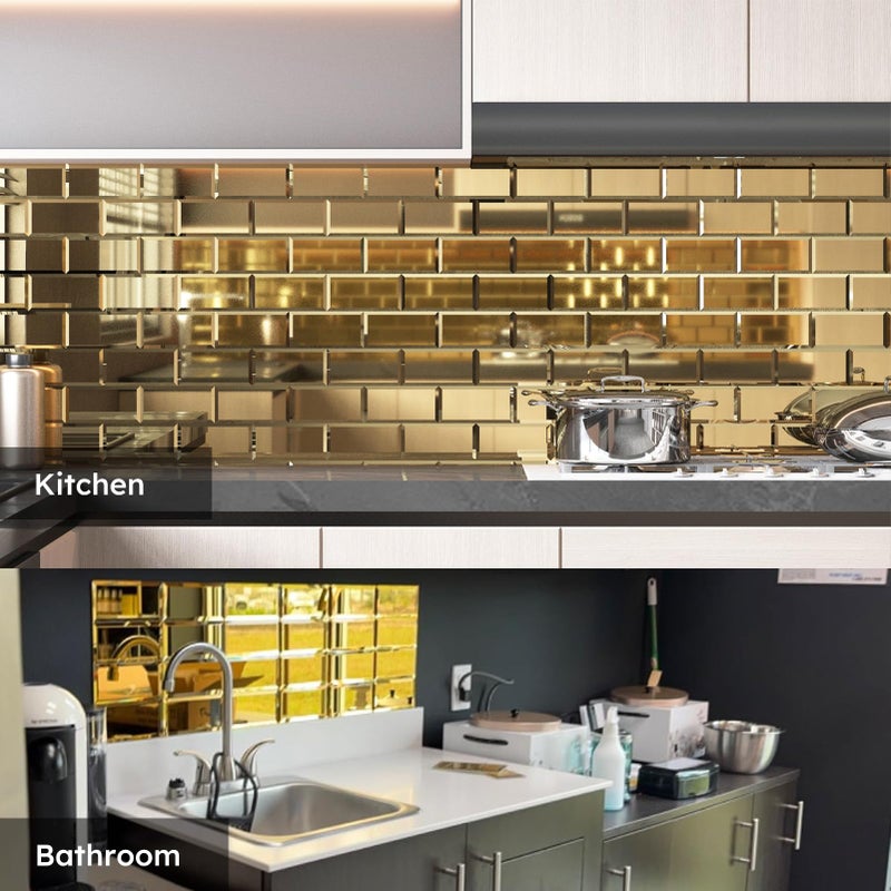 Diflart Peel and Stick Mirror Backsplash, Gold, 3x6 Inch, Beveled Mirror Subway Kitchen Bar Wall Tile (5 Sq.ft, 40 Pcs) - Image 2