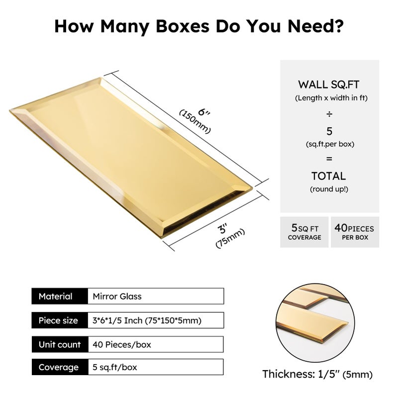 Diflart Peel and Stick Mirror Backsplash, Gold, 3x6 Inch, Beveled Mirror Subway Kitchen Bar Wall Tile (5 Sq.ft, 40 Pcs) - Image 3