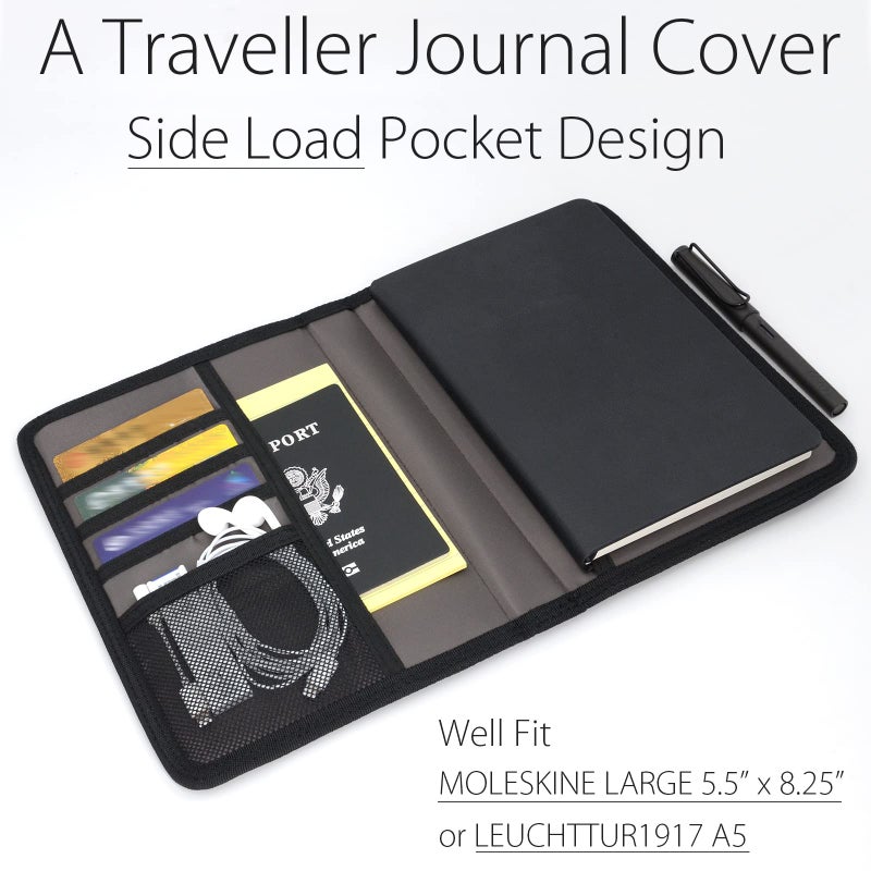diodrio Journal Notebook Cover for Travel 5.5 x 8.25 A5 Moleskine LEUCHTTURM 1917 Journal Notebook Planner Sketchbook Legal Pad, refillable, Water Resistant, Elastic Band, Inner Pockets, Black - Image 5