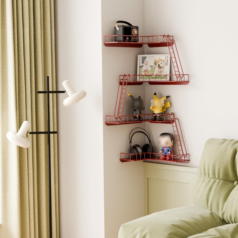 WOPITMER Fire Escape Wall Shelf - Modern City Style 4-Tier Corner Wall Shelves, Easy to Install Metal Ladder Shelf for Figures, New York Decorative Shelves for Bathroom, Living Room & Home Decor, Red - Image 2