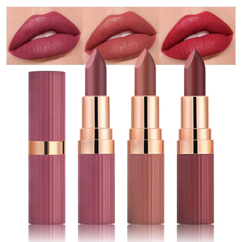 evpct 3Pcs Matte Creamy Lipsticks Set, Maroon Wine Coral Ruby Red Lip Stick Set for Women, Long Lasting Waterproof Velvet Lipsticks Blendable Silky, Longwear Lip Makeup Set 24 hours original labios 02 - Image 1