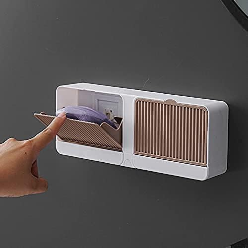 OffyBird Double Grid Wall Mounted Soap Box with Drainage Tray and Flip Lid - Creative Plastic Bathroom Soap Holder with No-Drill Mount, Space-Saving Shower Rack for Sink (Grey) - Image 2