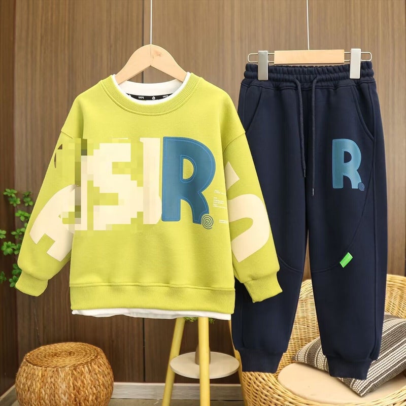 Boys Fake Two-Piece Sweatshirt suit 2024 Spring New Childrens Wear Thin Letter Printing Internet Celebrous Trend suit Fluorescent Green (2-piece) 