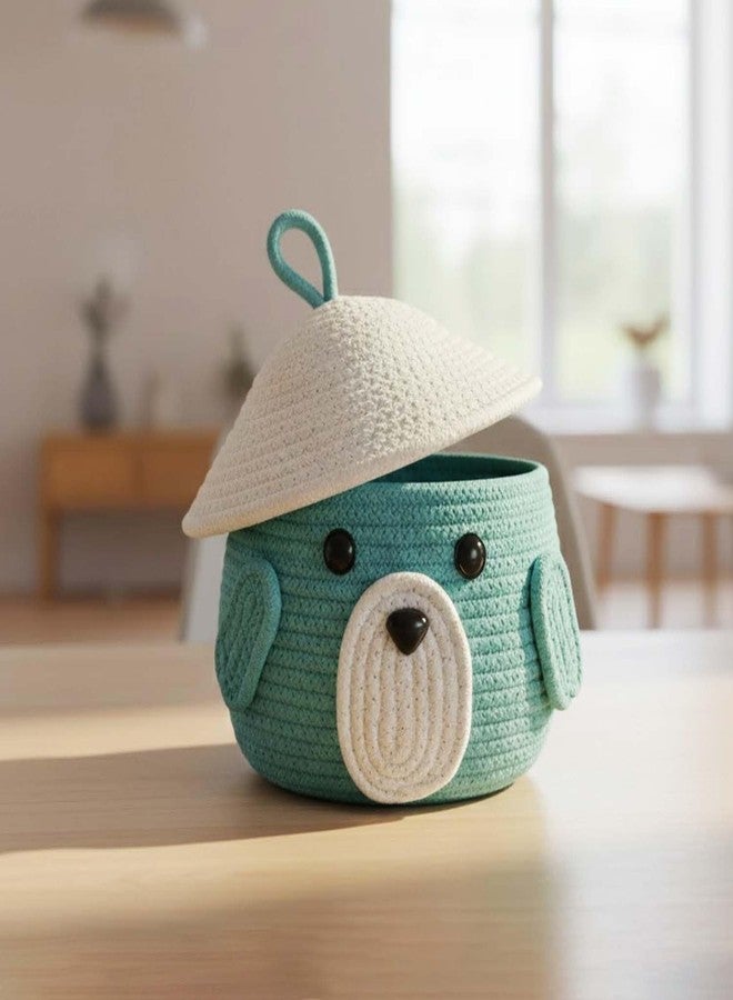 جو هوكد سلة تخزين من حبل بتصميم وجه حيوان لطيف مع غطاء للأطفال | منظم فاخر من حبل قطني أزرق مائي لألعاب الأطفال، ومستلزماتهم، وديكور الحمام والمنزل | سلة ناعمة ومتينة مصنوعة يدويًا - Image 1