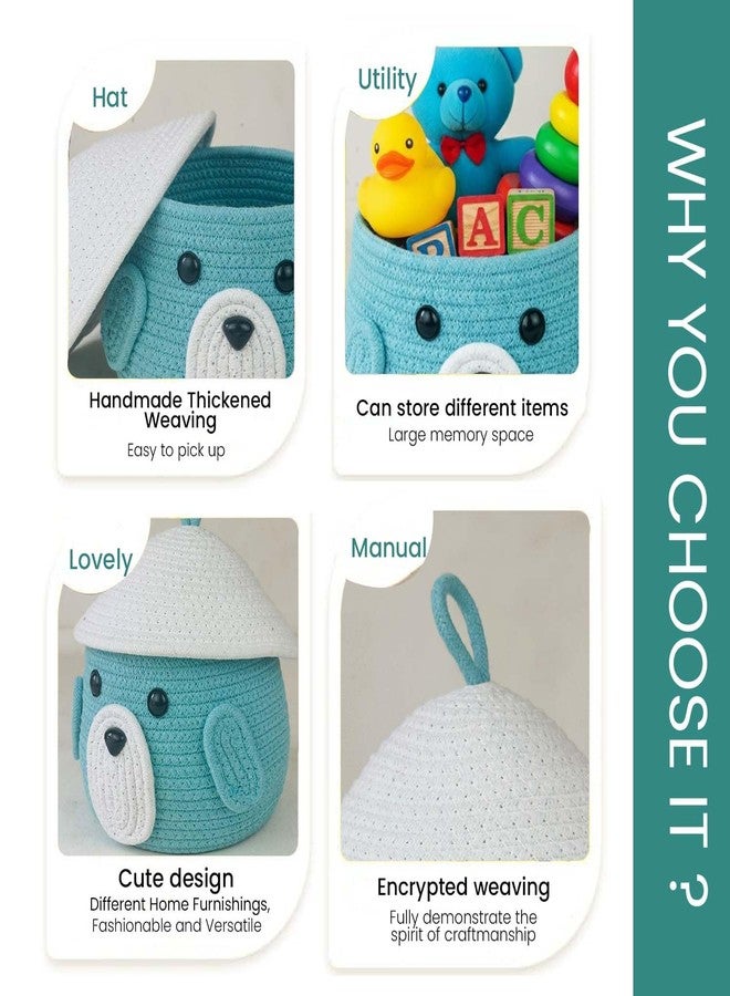 جو هوكد سلة تخزين من حبل بتصميم وجه حيوان لطيف مع غطاء للأطفال | منظم فاخر من حبل قطني أزرق مائي لألعاب الأطفال، ومستلزماتهم، وديكور الحمام والمنزل | سلة ناعمة ومتينة مصنوعة يدويًا - Image 3