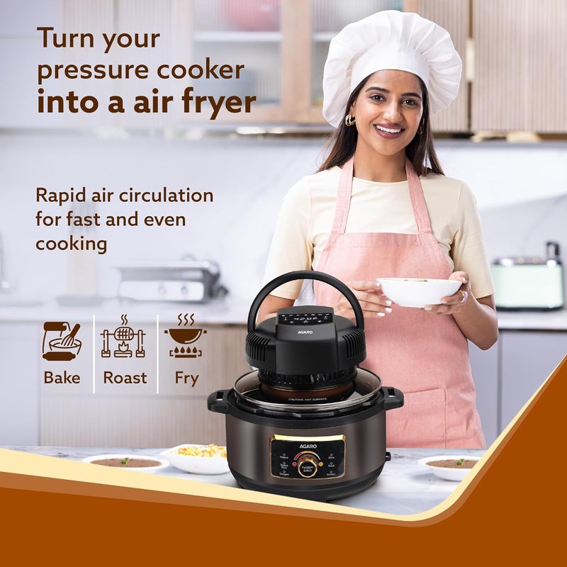 AGARO Imperial Pot Lid Air Fryer 7in1 Electric Air Fry Crisp Broil Bake In 5L 6L and 8L Pressure CookerMetal PotsRice Cooker 7 Preset Menu 1000W Home Kitchen - Image 2