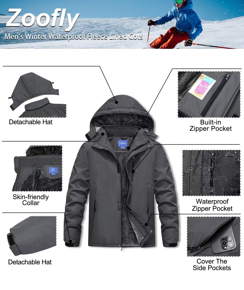 Zoofly Winter Jackets for Men Fleece Lined Wear Resistant Skiing Coats Mens Zipper Pocket Hiking Jacket Thermal Dark Grey 3XL - Image 5