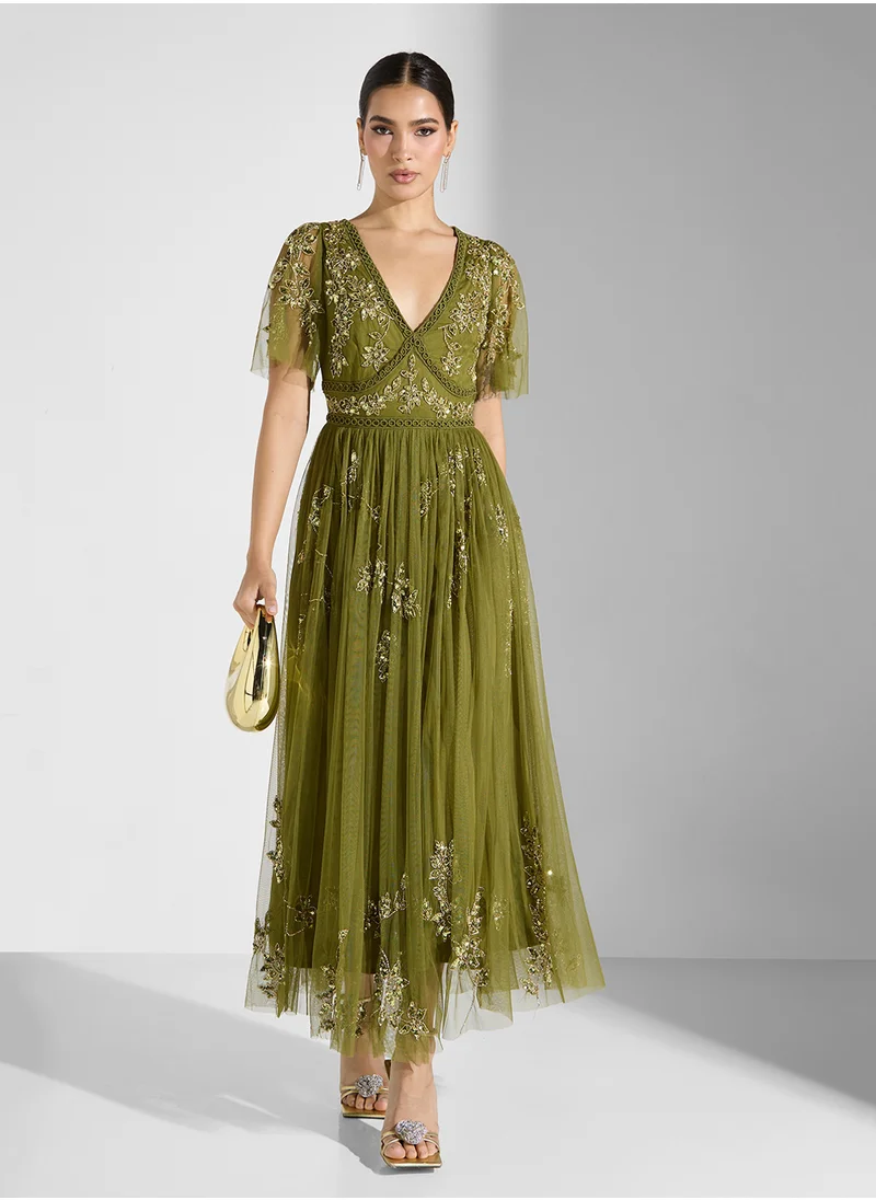Maya Detailed Embellished Tulle Midaxi Dress With Trims