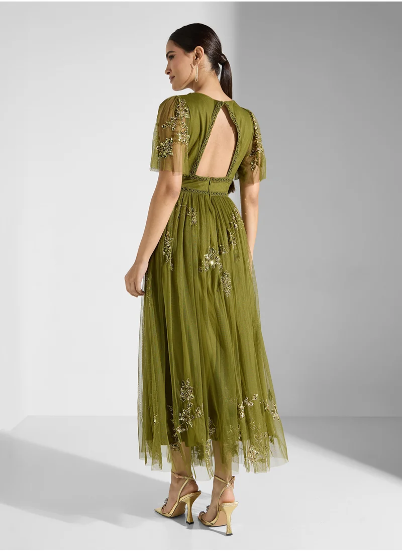 مايا Detailed Embellished Tulle Midaxi Dress With Trims