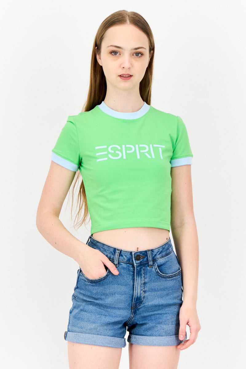 ESPRIT تي شيرت قصير الأكمام بقلنسوة للنساء بشعار العلامة التجارية، أخضر فاتح - Image 1