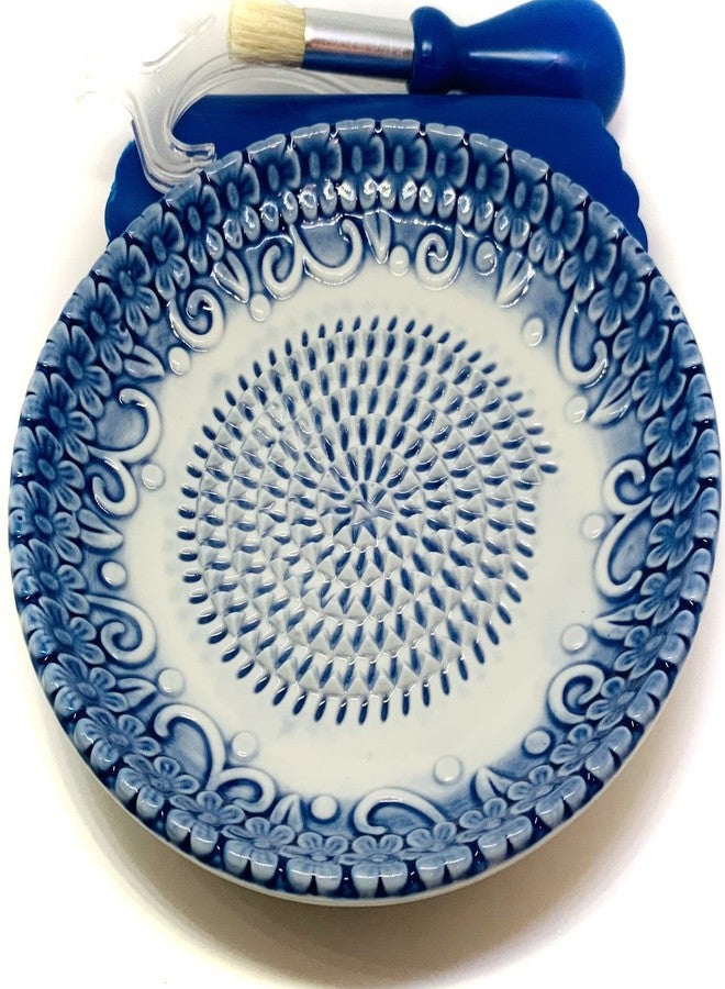 BonCera, All-in-one Premium Ceramic Garlic Grater Plate 4-Piece Set - Blue Embossed Design and Style - For Garlic, Ginger, Chocolate, and more! - Comes with 5.25" Plate, Peeler, Brush, and Stand - Image 2